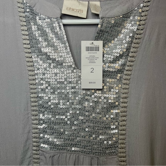 NEW Chico's Womens Sequin Shine Sparkle Henley Tunic Sz L Gray Rayon Flowy - Picture 8 of 12